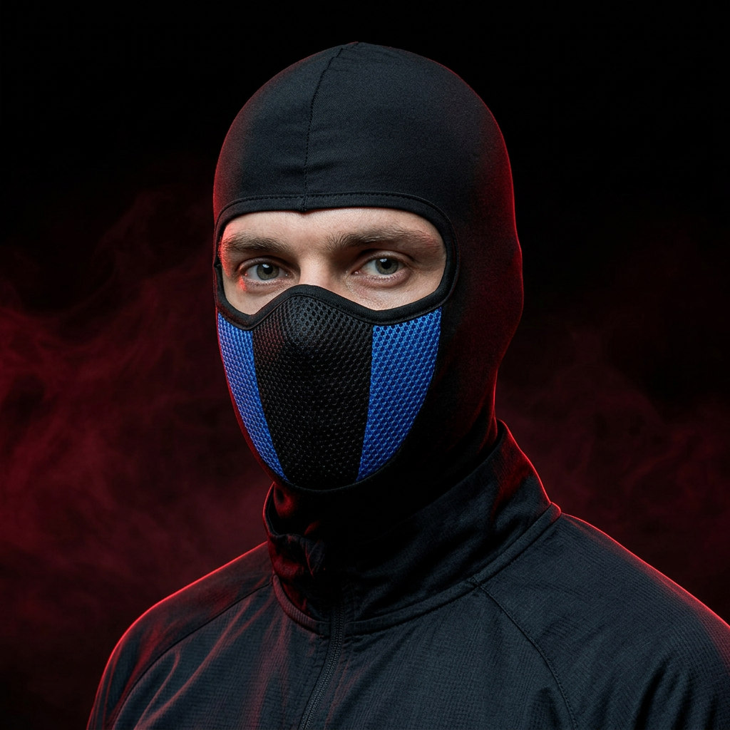 Cagoule noire et bleue portée, ambiance rouge et noir