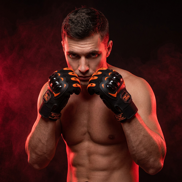 Gants orange en posture de garde