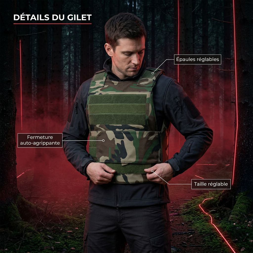 Gilet camouflage, vue de trois quarts