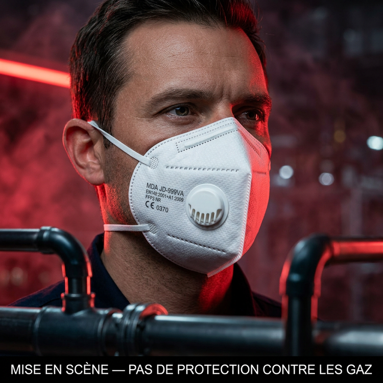 Homme portant le masque, décor industriel