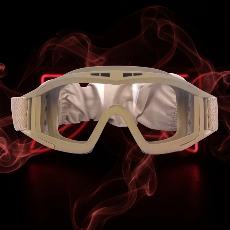 Lunettes beiges à verre transparent, fond rouge et noir